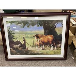After Heywood Hardy (British 1843-1933), 'The Hunt', colour print; Neil Cawthorne (British 20th century), 'Red Rum' colour print signed in pencil, together of pair hunting oleographs and three further prints of horses and a needle work (8)