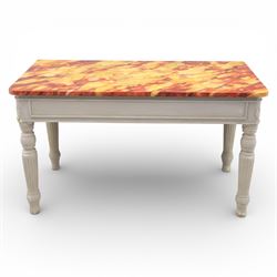 A pair of 19th century style pine console tables, with rectangular simulated marble top over a painted frieze, raised on fluted and turned tapering legs