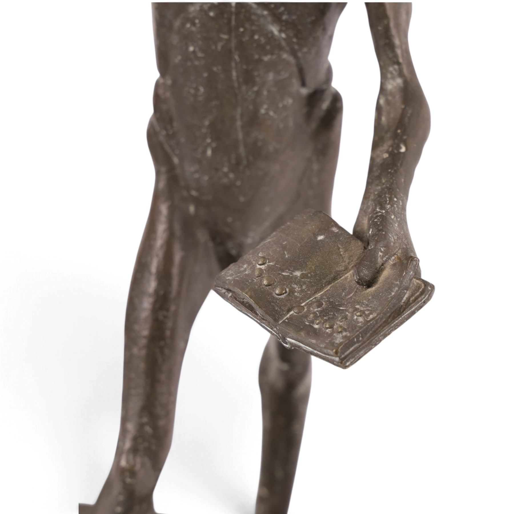 Modernist School (mid-20th century) - bronze cast sculpture depicting a blind man resting on a stand, holding a book and cane with braille detail, signed Lei, dated 2000 and edition 13 H33cm