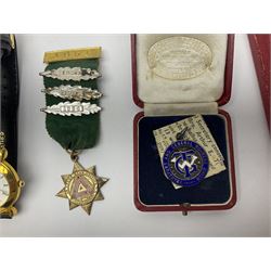 Ladies Accurist 9ct gold manual wind wristwatch, on gilt metal bracelet, together with a silver and enamel fob, for the Transport and General Workers Union, with personal engraving to reverse, hallmarked, a safe driving medal and a Quartz wristwatch