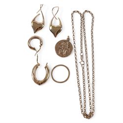 Pair of 14ct gold heart earrings, 9ct gold jewellery including St Christopher charm, ring, chain and single earring, and a silver gilt hoop earring