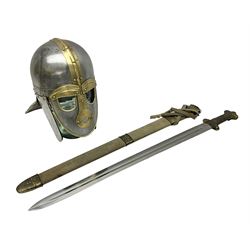  Re-enactors Viking helmet and sword in scabbard, helmet D19cm, sword blade L73cm, whole L88cm 