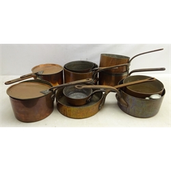  Collection of 19th century and later tinned copper cooking & sauce pans, some lidded, one impressed Elkington & Co., another stamped E. Dehillerin Paris, D29cm max  