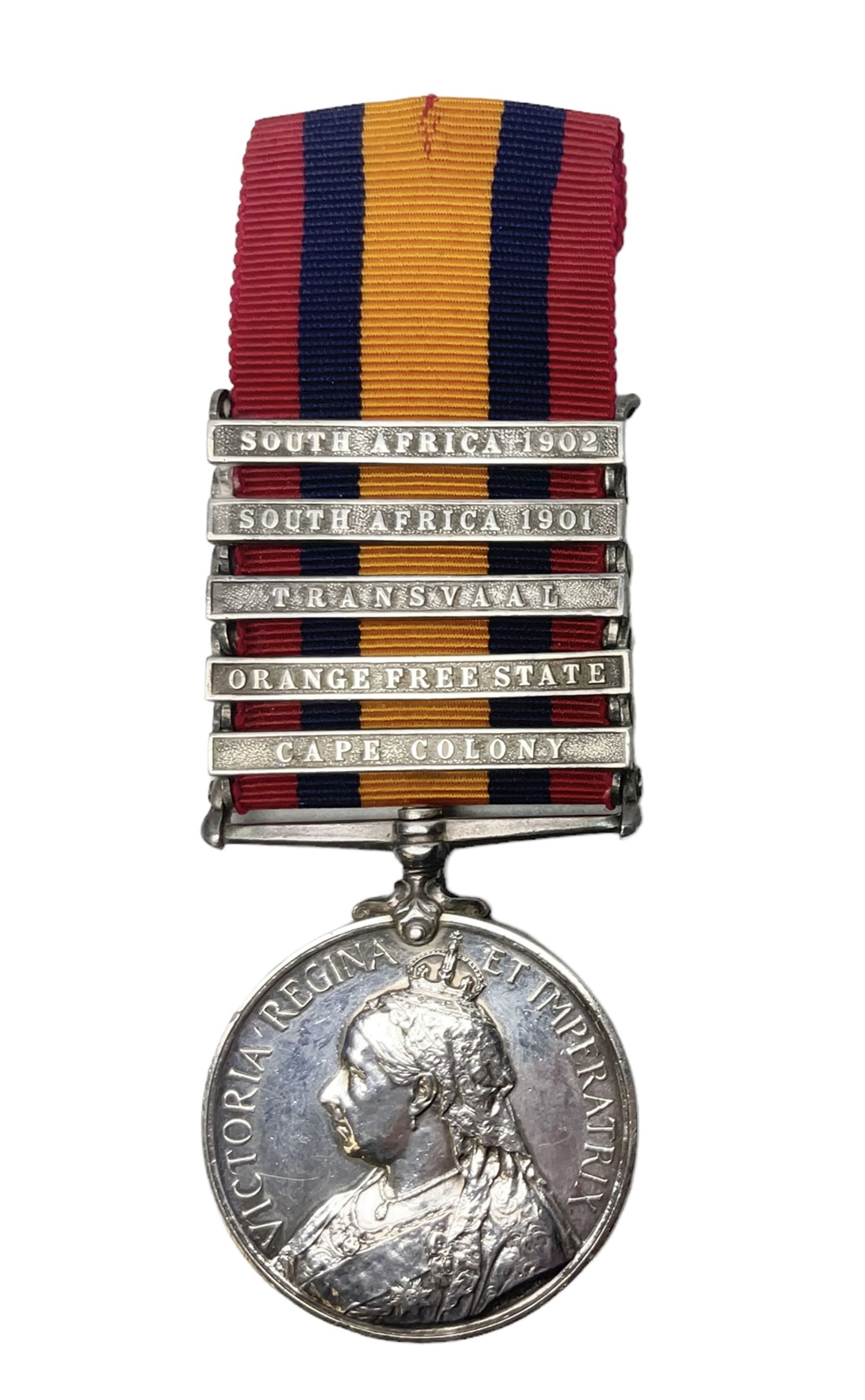 Queens South Africa medal with five clasps for South Africa 1902/1901, Transvaal, Orange Free State and Cape Colony awarded to 29549 Pte. G.F. Deans 101st Coy. Imp. Yeo. with ribbon
