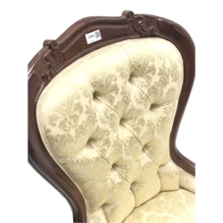 Victorian style beech framed bedroom chair upholstered in cream damask fabric 