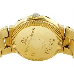 Baume & Mercier Riviera ladies 18ct gold quartz wristwatch, champagne dial with baton hour markers and date aperture, on 18ct gold link bracelet, stamped 750 and hallmarked, boxed with guarantee dated 1985