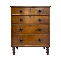 Late Victorian mahogany chest of drawers, with rectangular top over two short and three long graduated drawers, each fitted with ebonised turned knob handles and keyholes, raised on turned supports