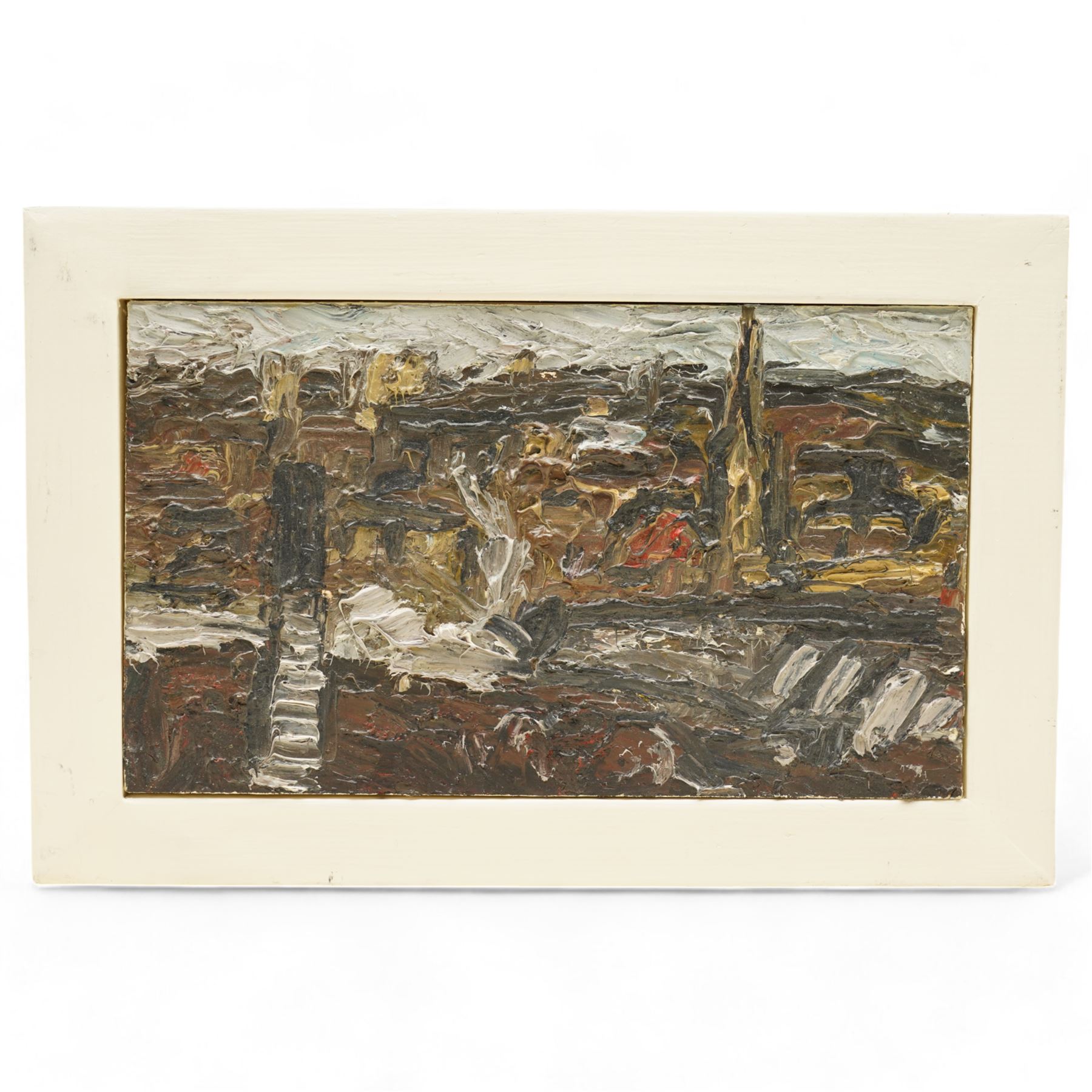 Barry De More (Yorkshire 1948-2023): 'Halifax with Square Chapel', oil and impasto on board signed titled and dated 2013 verso 16cm x 27cm
Notes: Acclaimed as one of the North's greatest expressionist artists, Barry De More (1948-2023) used a heavy impasto style to transfer his love of Yorkshire landscapes, townscapes and people to canvas. His work sits comfortably in the company of work by Kossoff and Auerbach, selling to collectors in the UK and overseas. De More's work can be found in the permanent collection of work by Northern Artists at Dean Clough, one of the UK's largest contemporary art galleries.