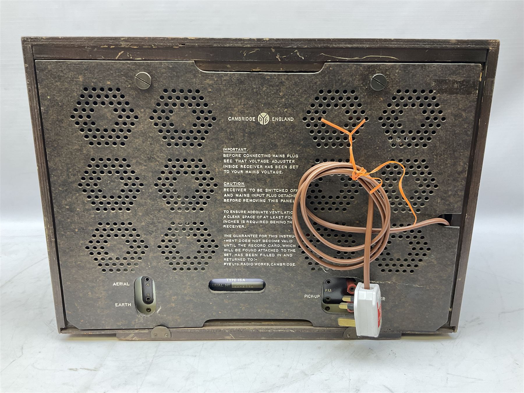 1950s Pye Type PE80 Cambridge International radio, W58cm H43cm D27cm, together with 1952 Pye Type P45 valve radio and 1940s Pye Type 15A radio (3)