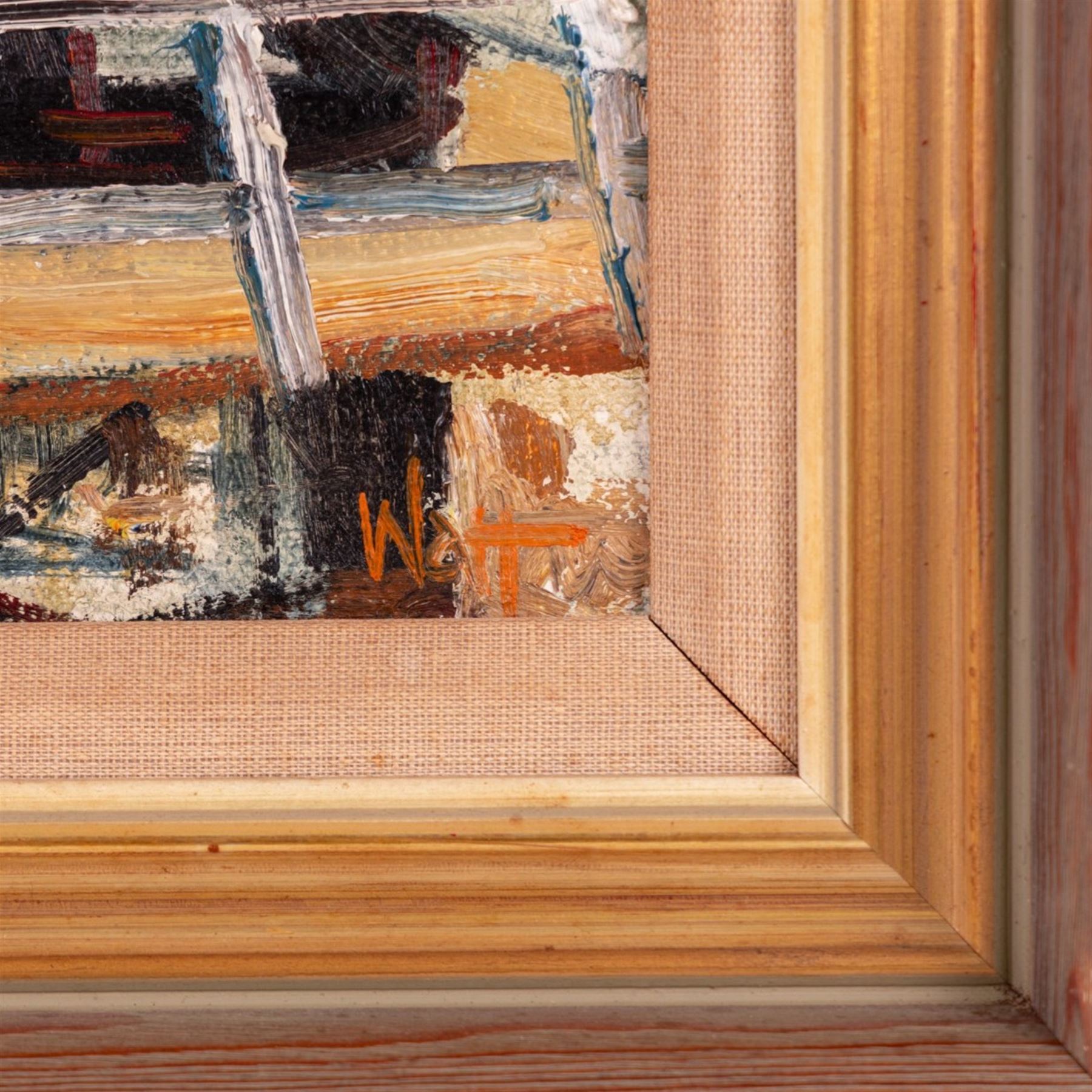 James Watt (Scottish 1931-2022): Crinan Canal Lighthouse and Lock, oil on canvas signed 29cm x 44cm 