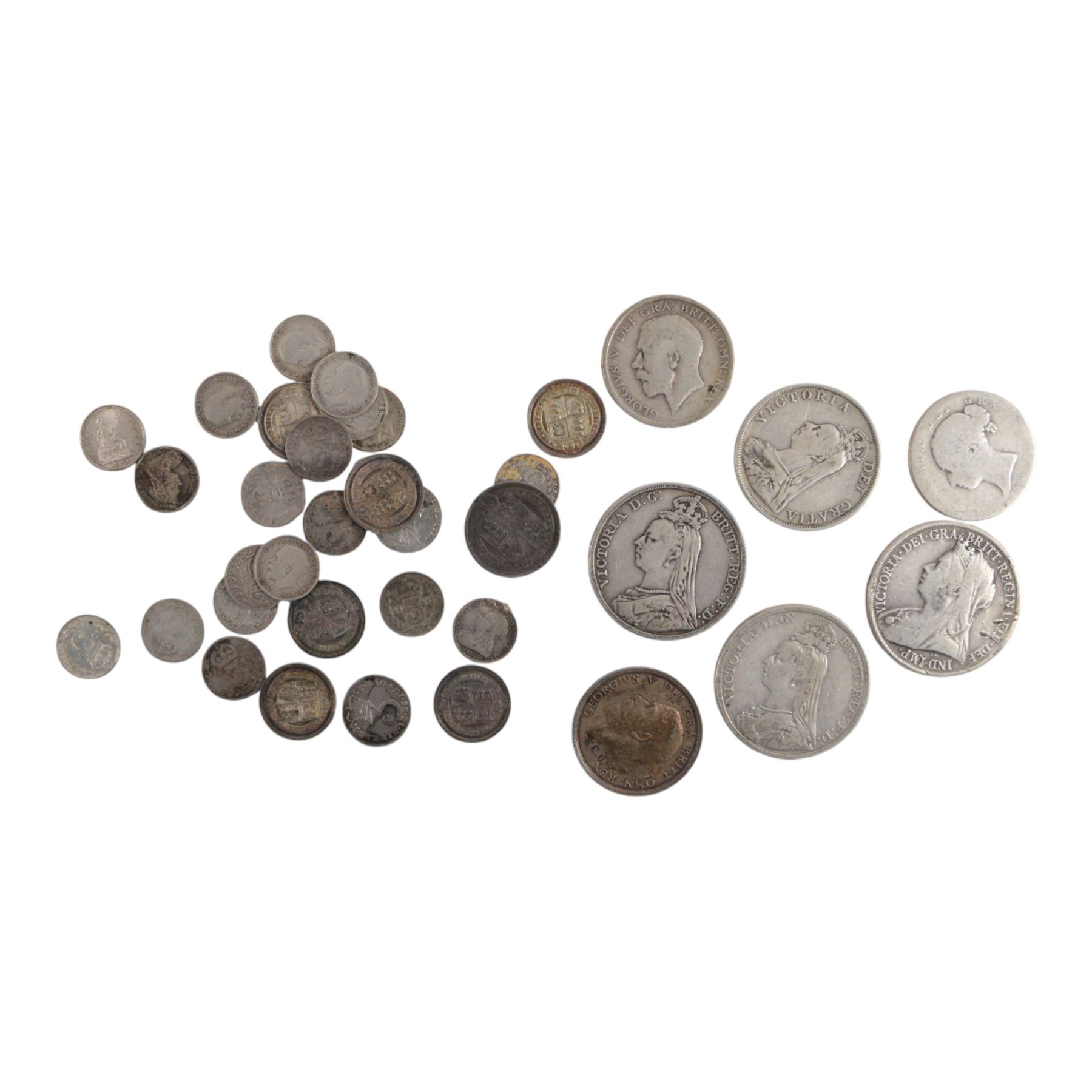 Approximately 198 grams of Great British pre-1920 silver coins, including George III 1763 and 1800 maundy three pence coins, George IIII 1836 maundy four pence, three Queen Victoria crowns, etc