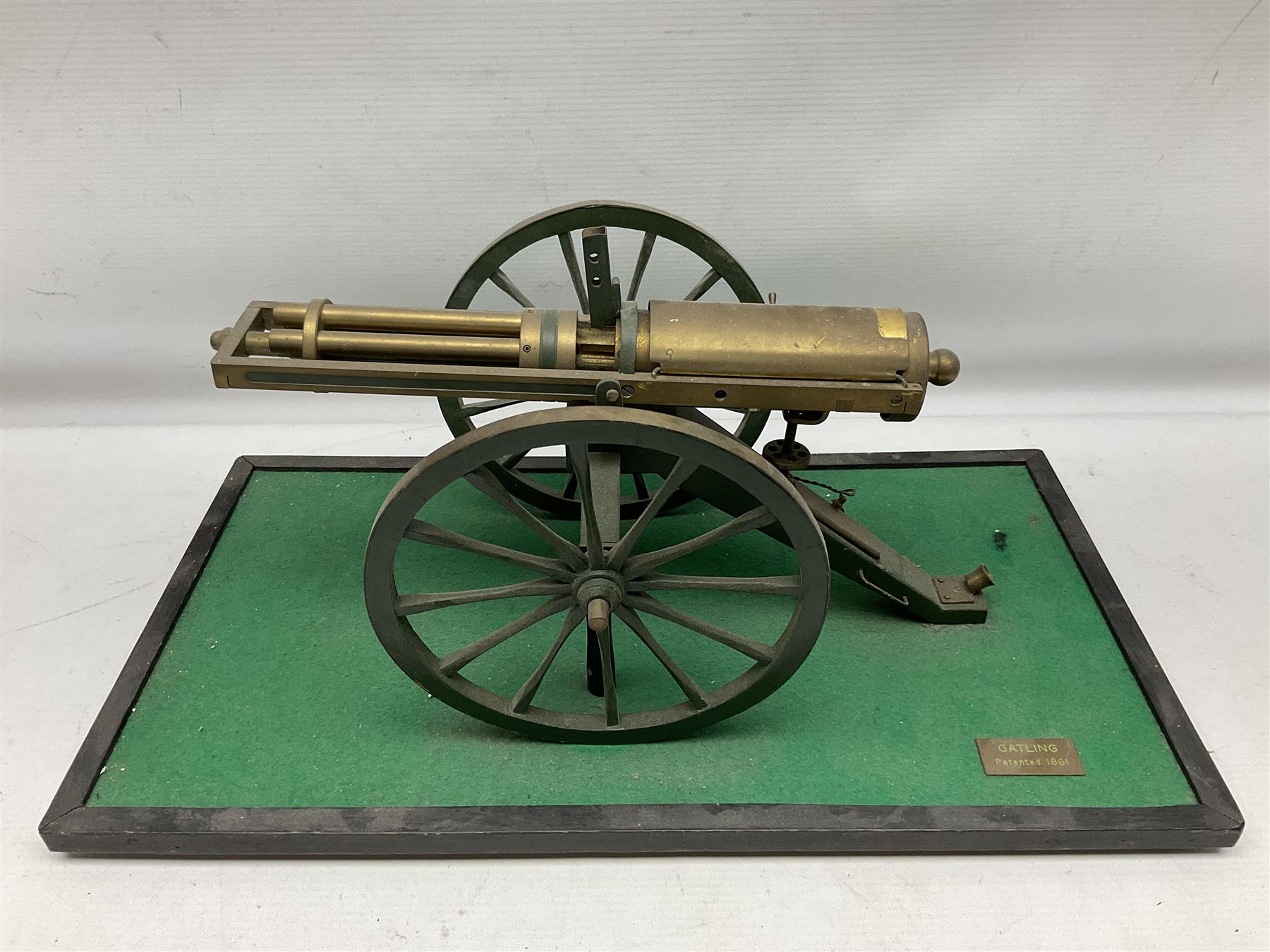 Scratch built brass model of an 1861 Gatling Gun with rotating barrels