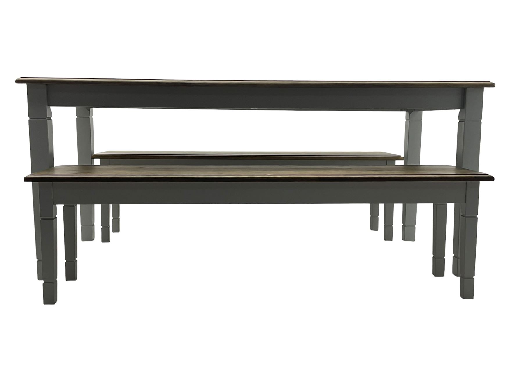 Pine kitchen dining table, rectangular moulded top on painted base, square tapering supports (180cm x 85cm, H78cm); and two matching benches 