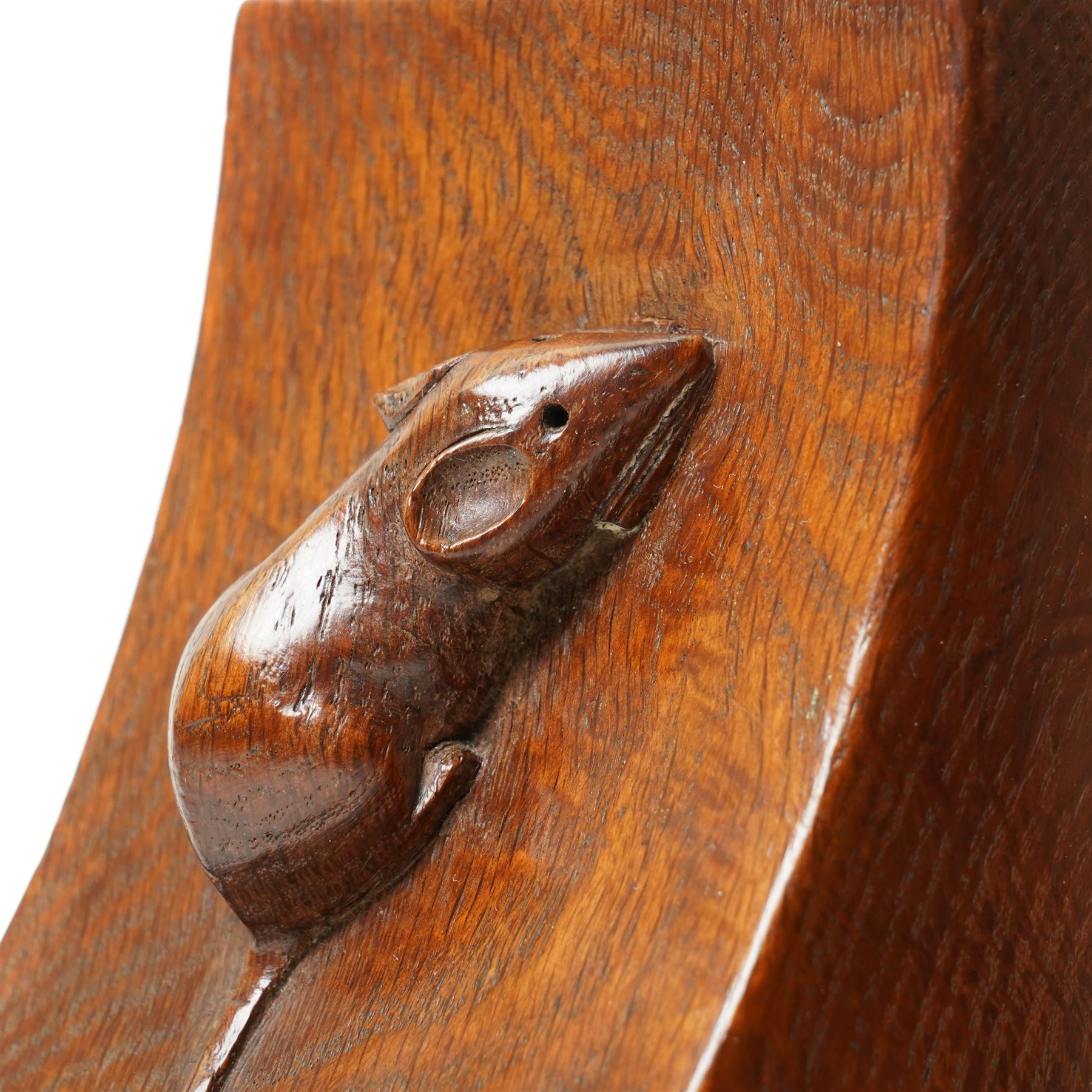 Mouseman - pair of circa 1940s/50s oak bookends, good colour, with carved mouse signatures forming a heart shape when side by side, by Robert Thompson of Kilburn