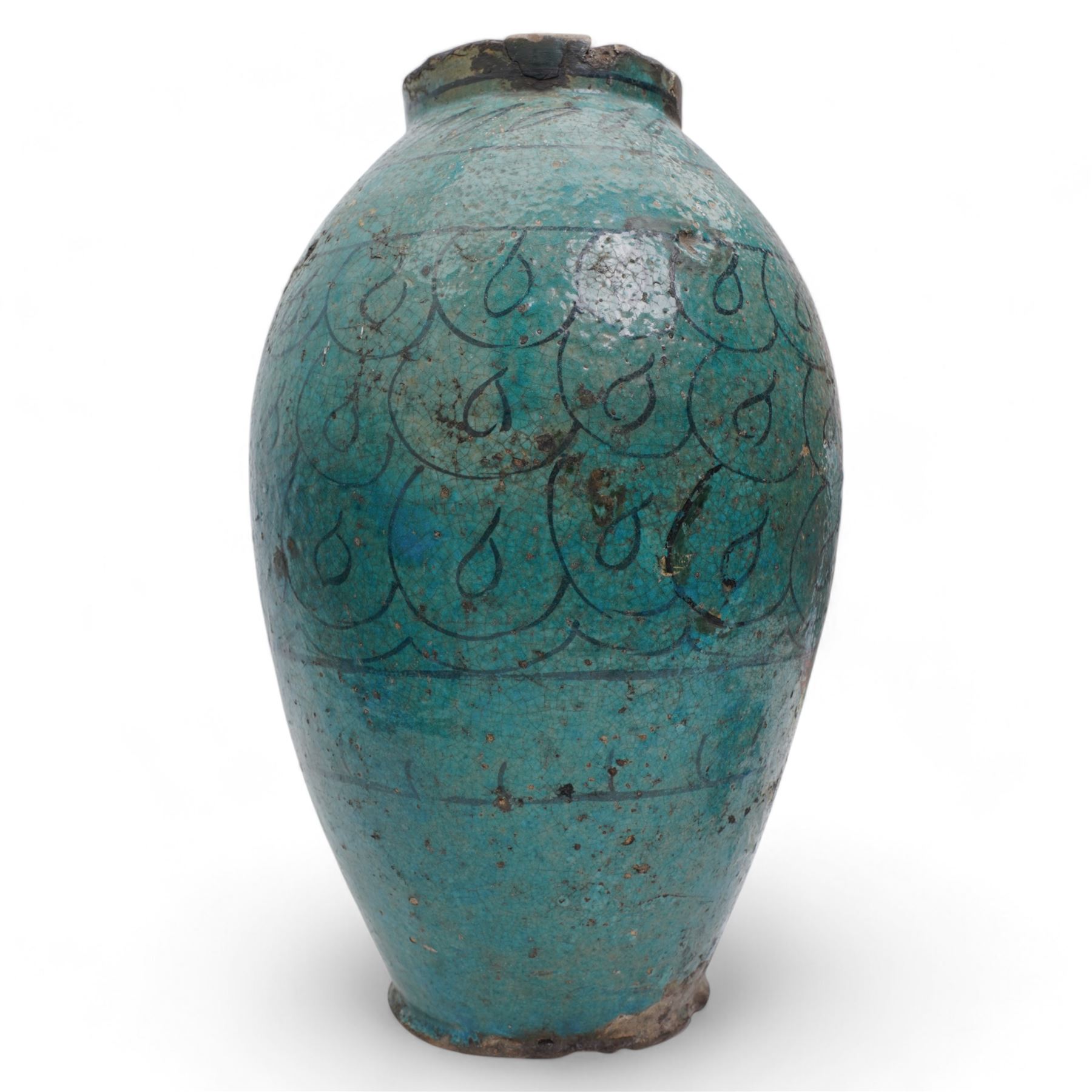 12th to 13th century impressive Persian Kashan fritware or stonepaste pottery storage jar or vase of ovoid form, decorated in dark indigo under a turquoise glaze with a series of horizontal lines and repeating looped shapes to the body, on everted footed base, H39cm
Provenance: this vase was reputedly unearthed in the late 19th century in Egypt by Lord William Amherst (1835-1909), an English diplomat, colonial administrator, antiquarian collector and patron of excavations in Egypt. Lord Amherst is best known for his close association with Howard Carter, the archaeologist who later uncovered the tomb of Tutankhamun. The Kashan vase was then passed down through direct family descent via Amherst's daughter, Geraldine, to the current vendor.