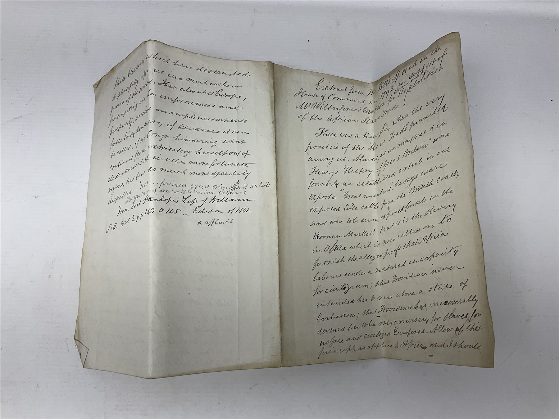 George IV Coronation ephemera, comprising a hand written description of the Coronation Procession as experienced by J.Rivington Hill, sent to his sister Miss Hannah Maria Hill, dated 26th July 1821, a hand drawn map of the Coronation route, probably by the same hand and newspaper cuttings from 1937, relating to the Coronation of George VI, together with a three hand written extracts of William Pitts speech in support of William Wilberforce on the abolition of slavery in 1792, taken from two books, including Life of the Right Honourable William Pitt, by Philip Henry Stanhope and a printed copy of the 'Memoir of the Late Henry Park Esq Surgeon of Liverpool'