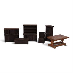 Barton Tudor style dolls house furniture, including dresser, corner cabinet, sideboard, table etc, tallest H12cm 