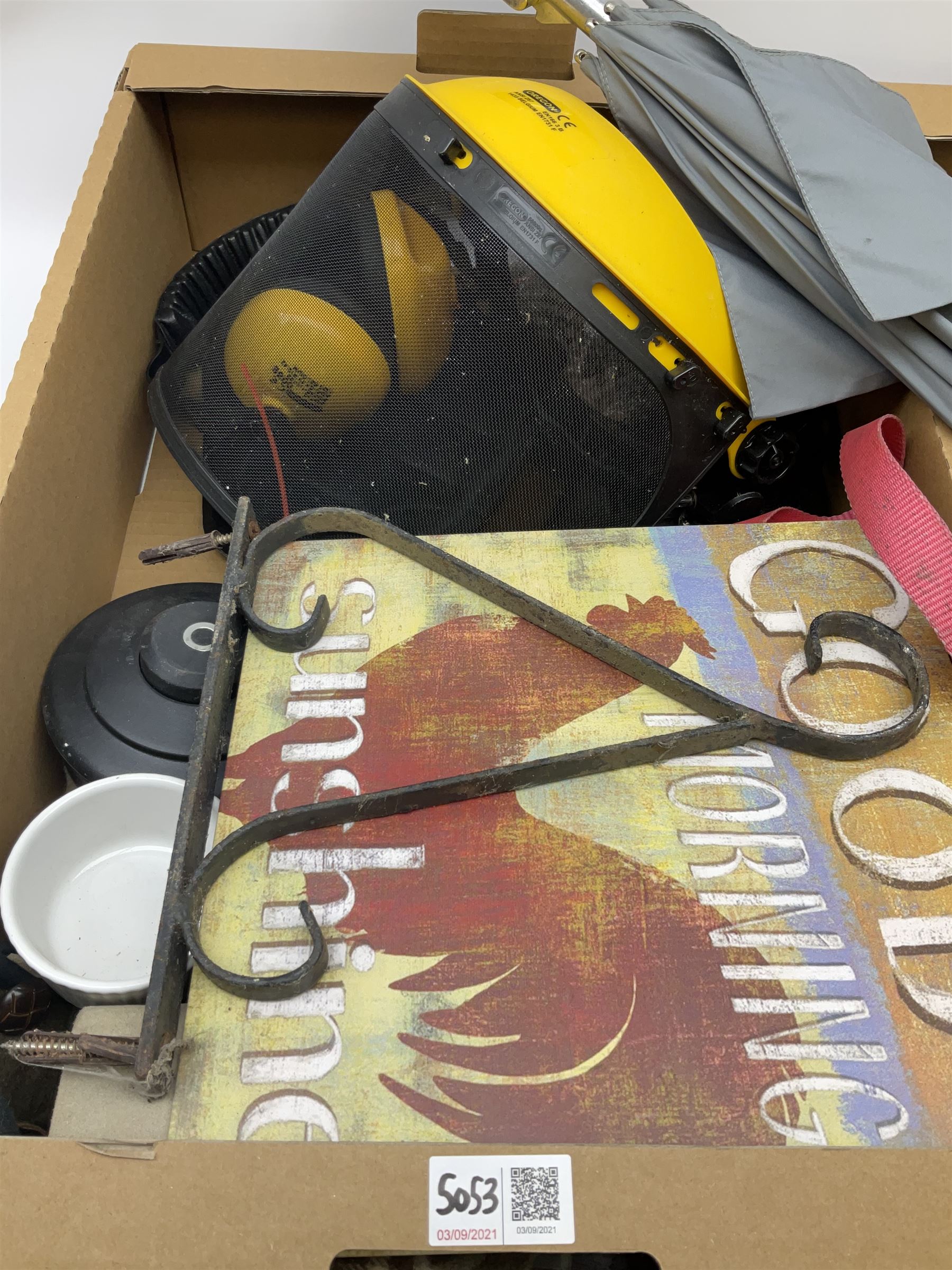 Umbrella seat, mesh face guard, ear defenders, tins, small hip flask and other miscellaneous items, in two boxes
