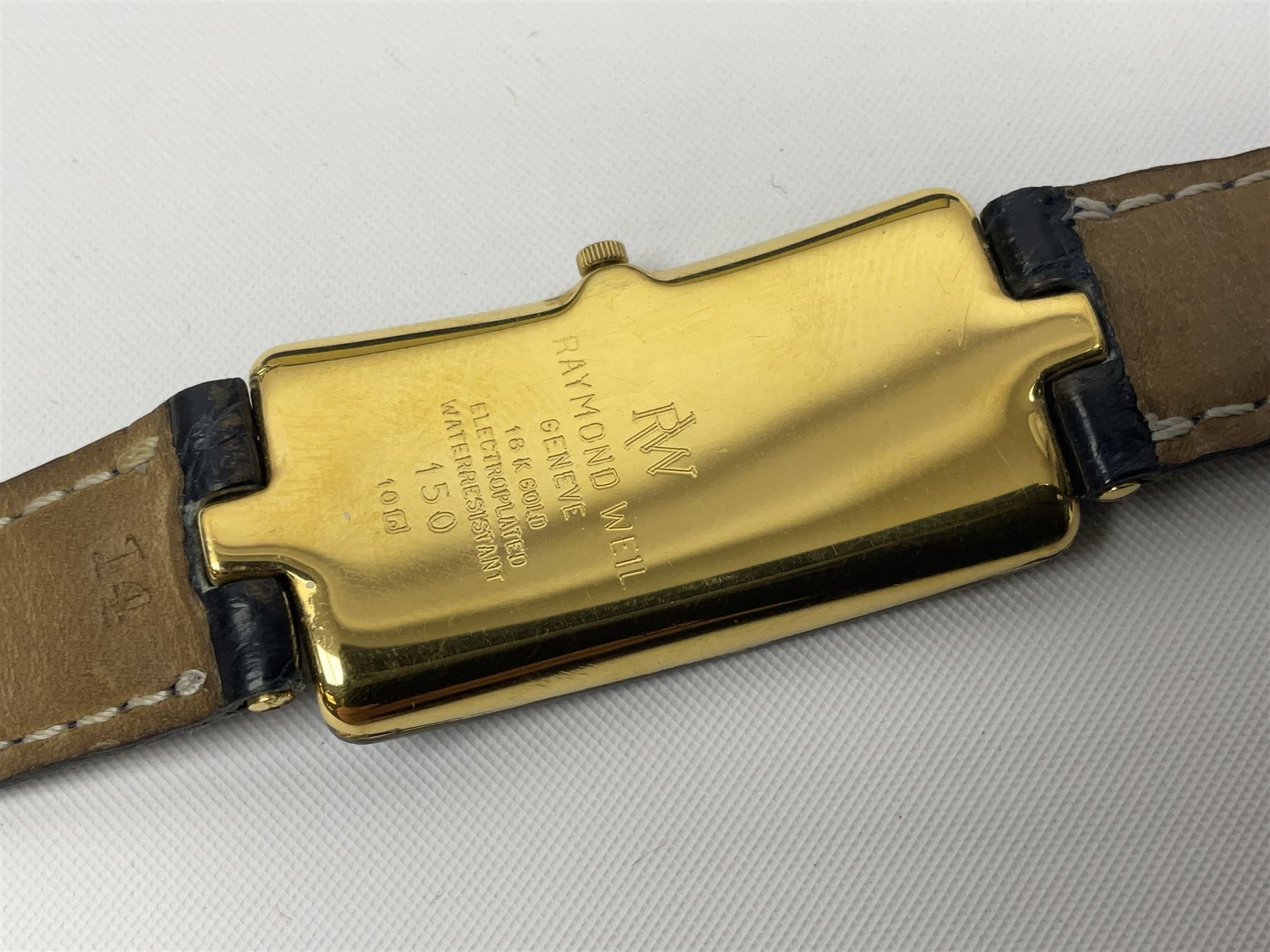 Raymond Weil ladies 'Othello' wristwatch, the rectangular 18ct gold plated case with blue enamel dial, on a Raymond Veil navy blue crocodile leather strap, in original box