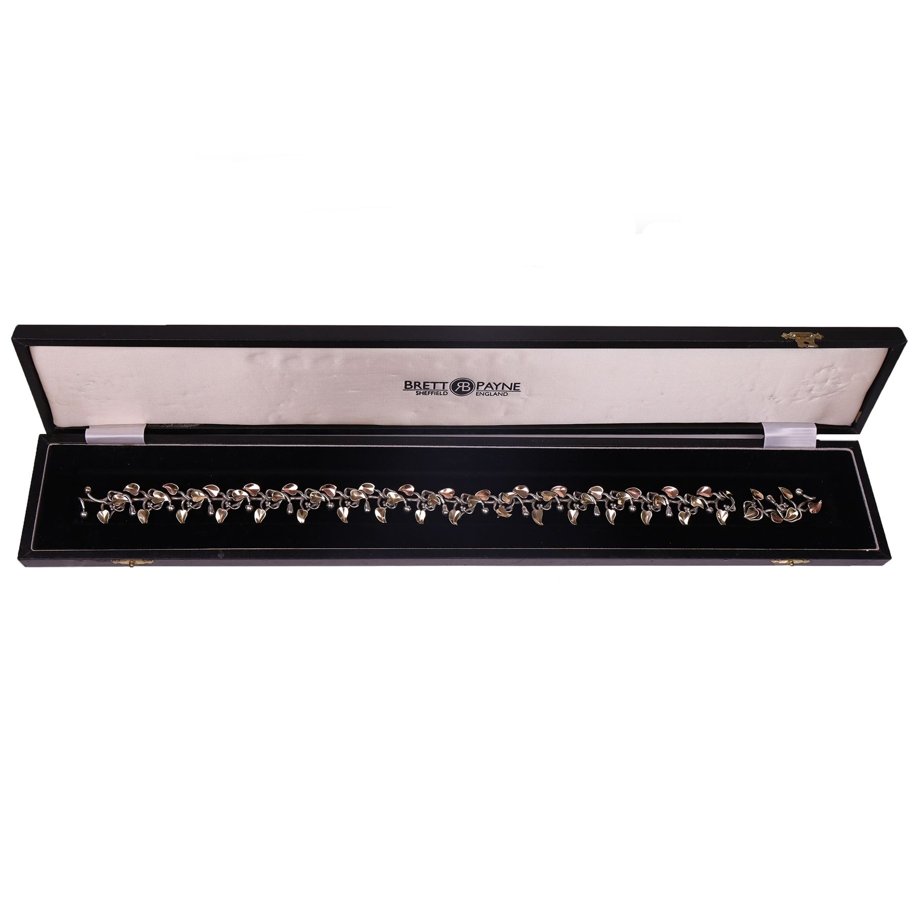 Brett Payne silver and 9ct gold fruiting vine necklace, seventeen links with alternating pears and apples and 9ct gold leaves, Sheffield 1998, boxed