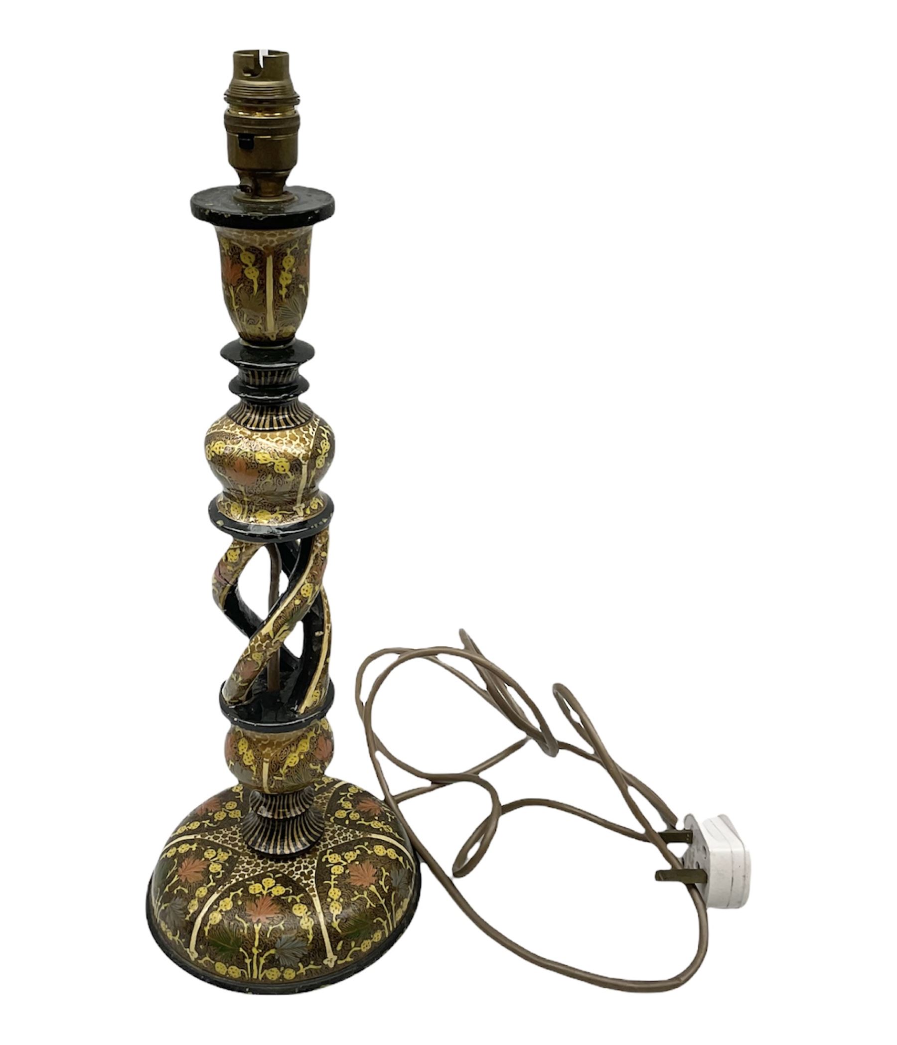  Kashmiri papier mache table lamp, open spiral twist column decorated with flowers, on a turned base,  H43cm