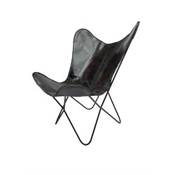 Butterfly Chair, black finish metal frame with stitched slung leather cover