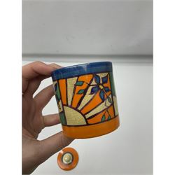Clarice Cliff Fantasque for Wilkinson Pottery preserve pot, circa 1928, of drum form decorated in Sunray Leaves pattern, H8cm