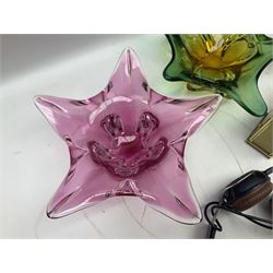 Metamec and H. Samuel battery operated brass carriage clocks, bronzed style abstract figure signed 'Cotp W', two art glass splash bowls, etc