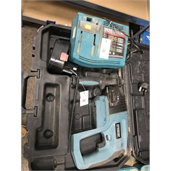 A quantity of hand tools including a Ferm FAG-230 angle grinder, a MacAllister reciprocating saw, a jig saw etc