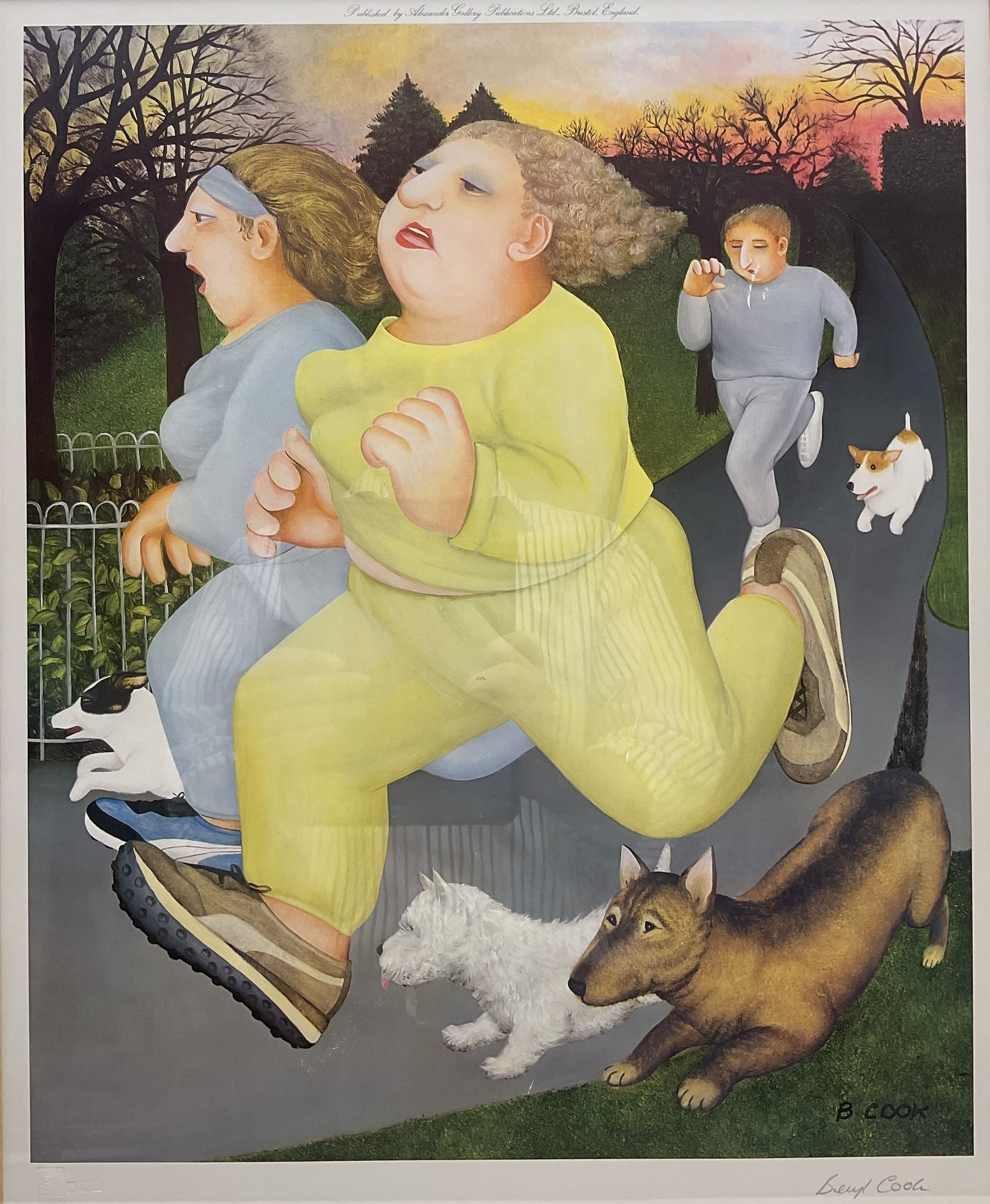 Beryl Cook (British 1926-2008): 'Joggers', colour print signed in pencil with Fine Art Trade Guild blindstamp, pub. Alexander Gallery Publications Ltd Bristol 46cm x 38cm