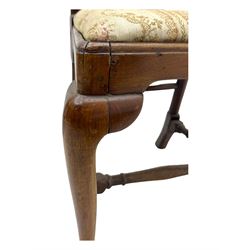 Pair of 19th century Queen Anne design walnut framed side chairs, yoke crest rail over vase-shaped splat, upholstered drop-in seats, raised on cabriole supports with pad feet united by turned stretchers