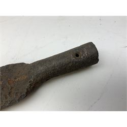 Patinated 'bronze' fantasy dagger, the 26cm blade, hilt and scabbard cast with dragons L50cm overall; hand forged iron spearhead L29.5cm; and a stiletto blade (3)