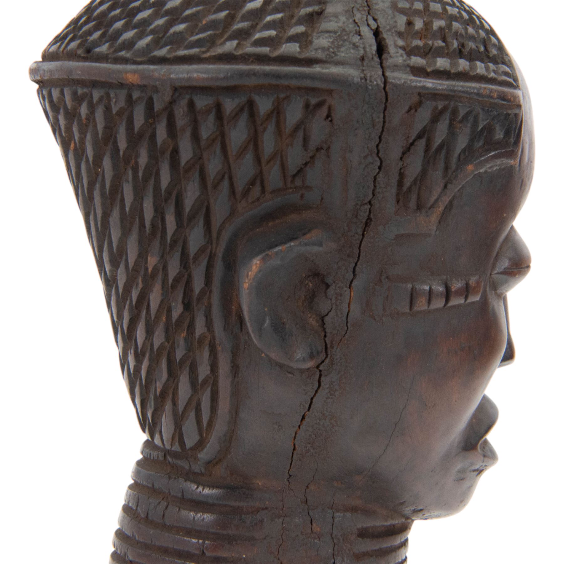 Kuba cup, African carved wood wine cup in the form of a female head, H31cm