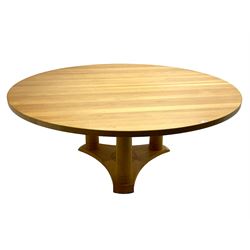 Chris Berry for Berrydesign - contemporary bespoke solid light oak dining table, circular top over ring turned triple pedestal with triform base