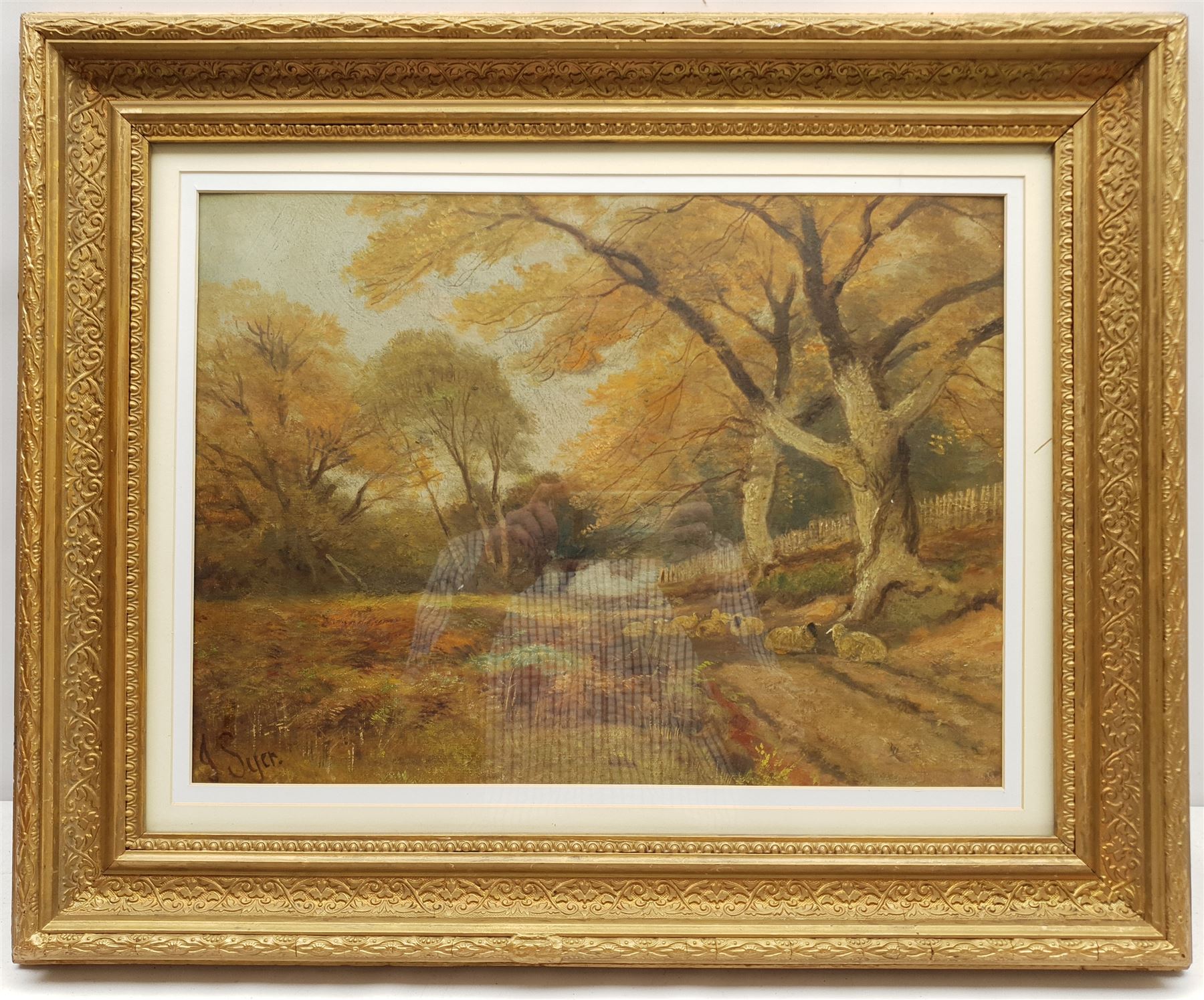 John Syer Jnr (British 1846-1913): Sheep on a Country Lane, oil on board signed 33cm x 44cm; F Fletcher (19th century): Country Garden, oil on canvas signed 40cm x 63cm (unframed) (2)