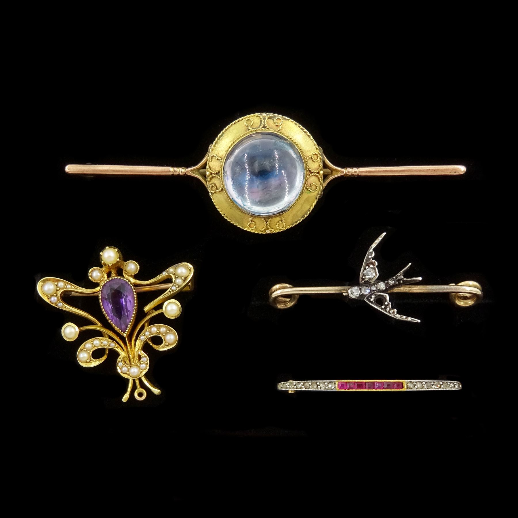 Four 19th / early 20th century brooches including gold foiled back rock crystal, stamped 9ct, gold and silver old cut diamond swallow, 15ct gold amethyst and pearl and an 18ct gold ruby and diamond