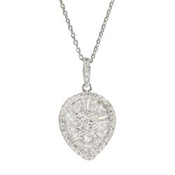 18ct white gold baguette and round brilliant cut diamond cluster pendant, hallmarked, on silver chain, total diamond weight approx 1.30 carat