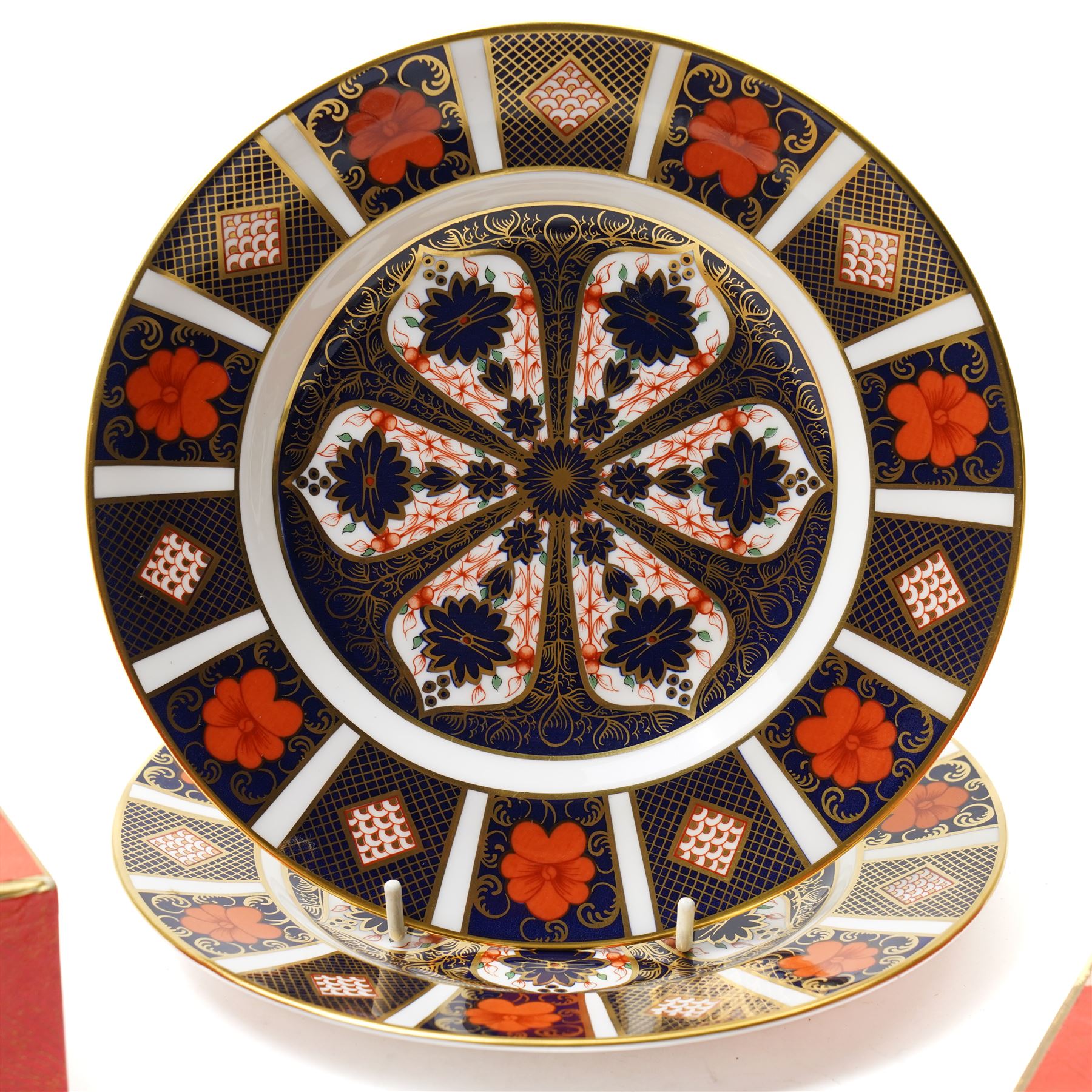 Pair of Royal Crown Derby Imari pattern plates 21cm, pair of tea plates, one boxed, tea cup and saucer and small vase, boxed all pattern 1128
