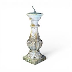 Composition stone sundial, square top with bulb pedestal, raised stepped plinth, lead dial with Roman numerals depicting 'Grow Old Along with me, the best is yet to be'