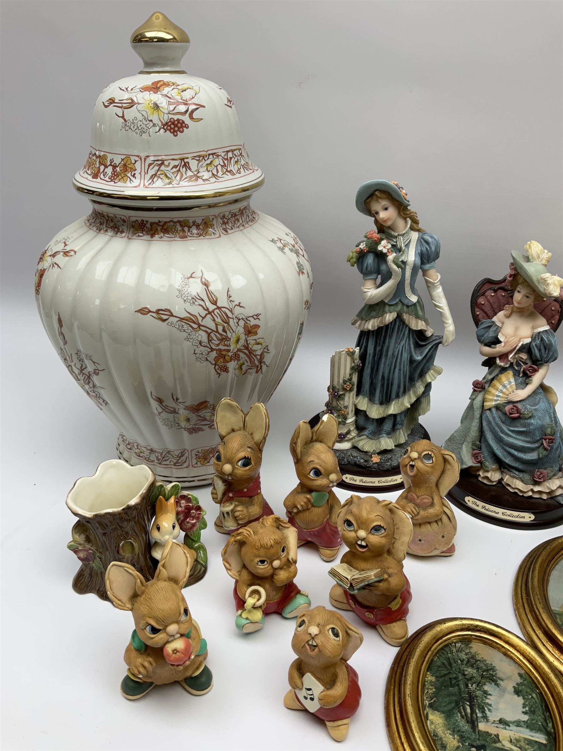 Two Juliana Collection resin figures, Hornsea Fauna Royal vase, seven Pendefin figures, large Italian decorative urn marked 'Carraresi V.V. Calenzano Firenze dec Liberty' beneath, etc.  