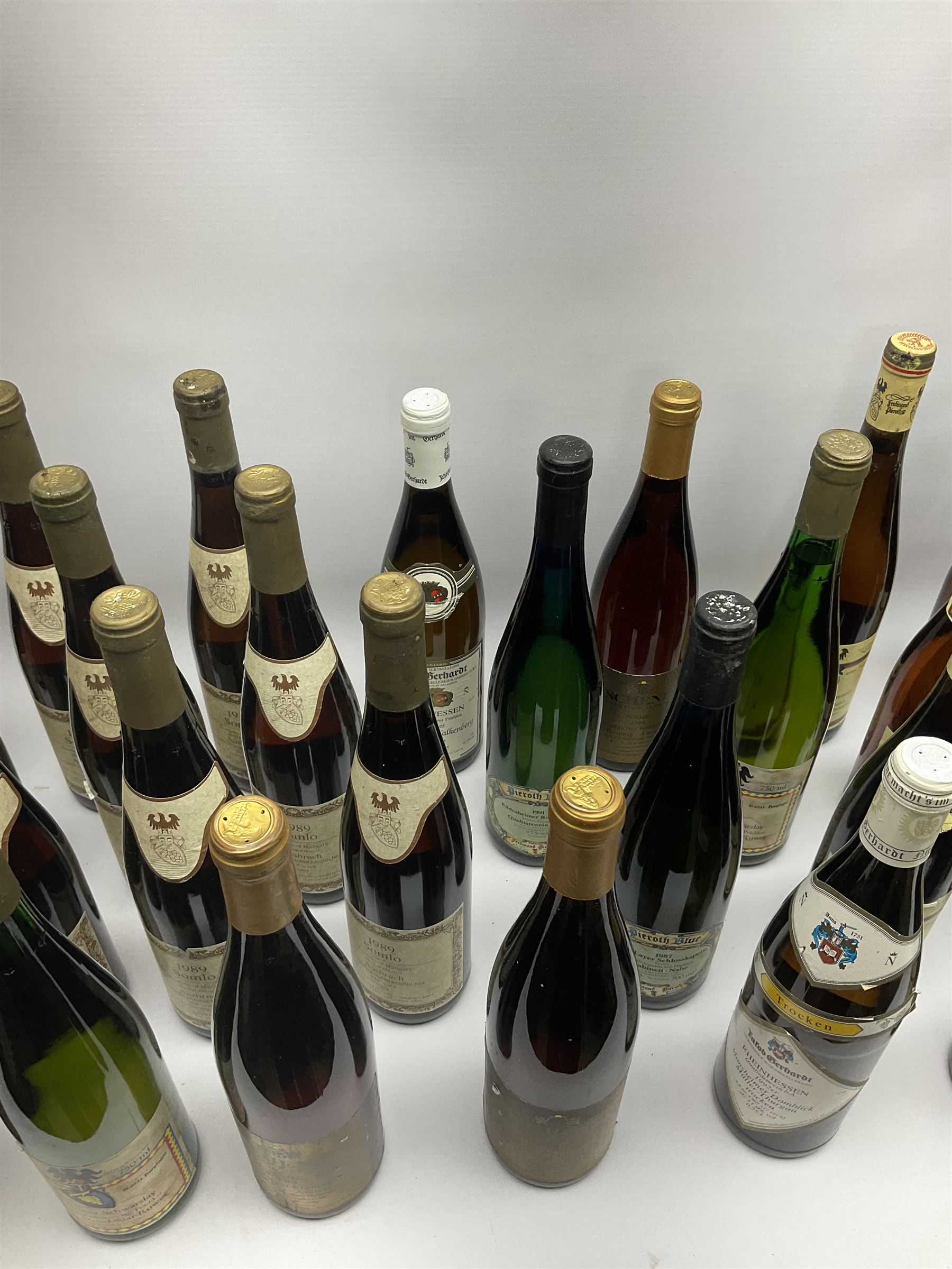 Mixed alcohol including Pieroth 1988 Bad Durkheimer Feuerberg 750ml, 10%vol, Ausbruch Muskat-Ottonel 1989 Somlo 750ml, 10.5%vol, Pieroth Blue 1991 Qualitatswein Nahe 750ml, 9.5%vol etc, various contents and proofs, 36 bottles