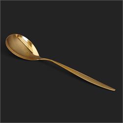 Extensive suite of WMF 800 silver gilt cutlery, for twelve covers, comprising twelve table knives and forks, fish knives and forks, dessert forks, table spoons, dessert spoons, teaspoons, eleven dessert forks and six serving spoons, with crescent moon and crown WMF hallmarks