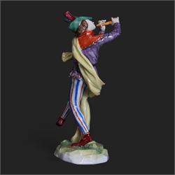 Two Volkstedt figures, comprising Piper and Harlequin, together with three Sitzendorf figures, largest H20cm 