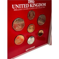 The Royal Mint Republic of Liberia 1976 proof five dollars coin in card box with certificate, Falkland Islands 1980 proof coin set in plastic display, five United Kingdom 1985 brilliant uncirculated coin collections in card folders, various unofficial coin set etc