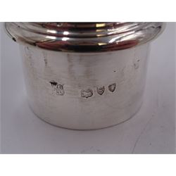 Victorian silver sugar caster, of bellied form, with repousse scroll and foliate decoration, the removable pierced cover with flambeau finial, upon a conforming circular spreading foot, hallmarked Goldsmiths & Silversmiths Co, London 1893, H18.5cm