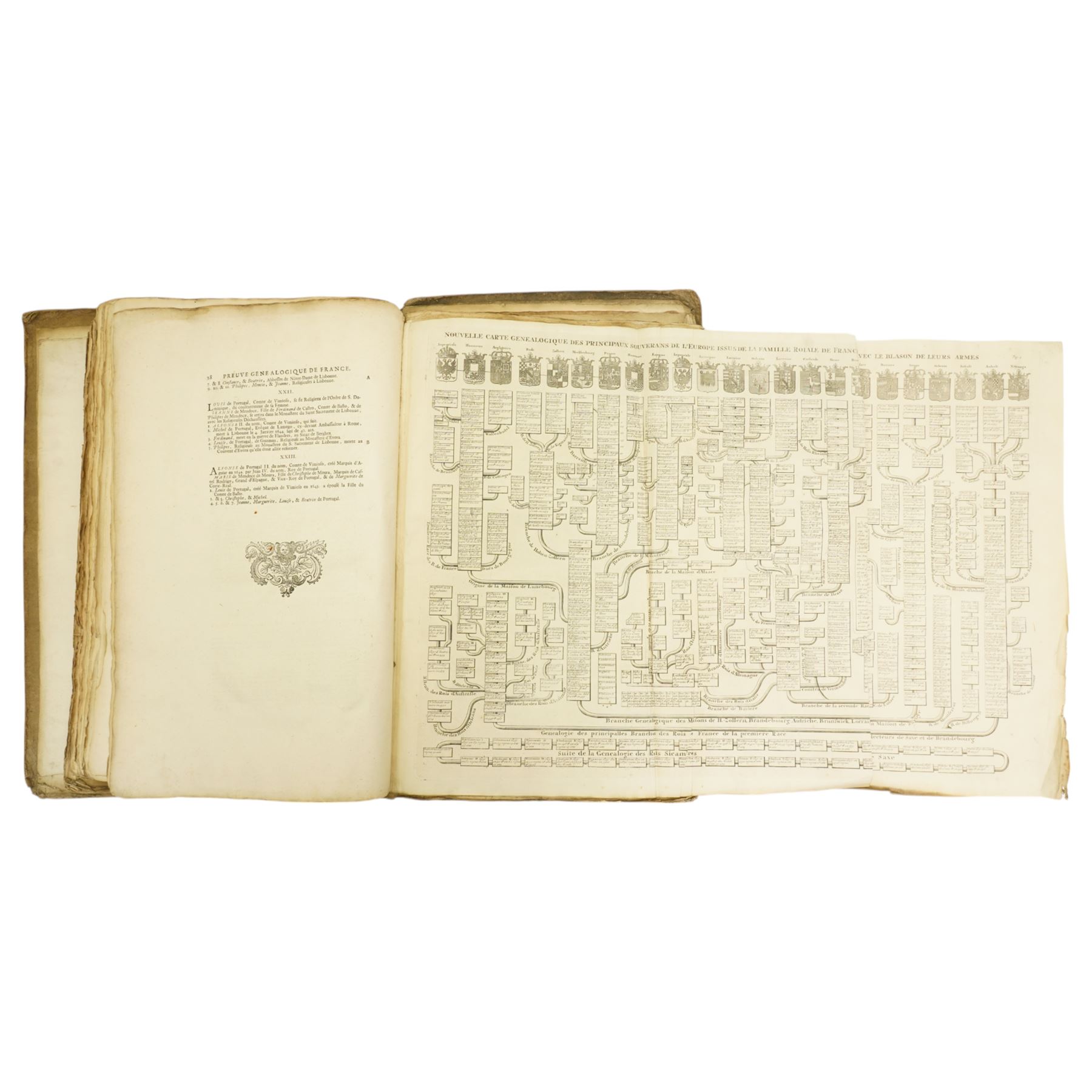 Limiers, Henri-Philippe de - 'Annales de la Monarchie Francoise', published Chez L'Honore & Chatelain Amsterdam  1724, three volumes in one with engraved frontispiece, sixty three full page plates and seven fold out genealogical tables, red and black title pages, full calf