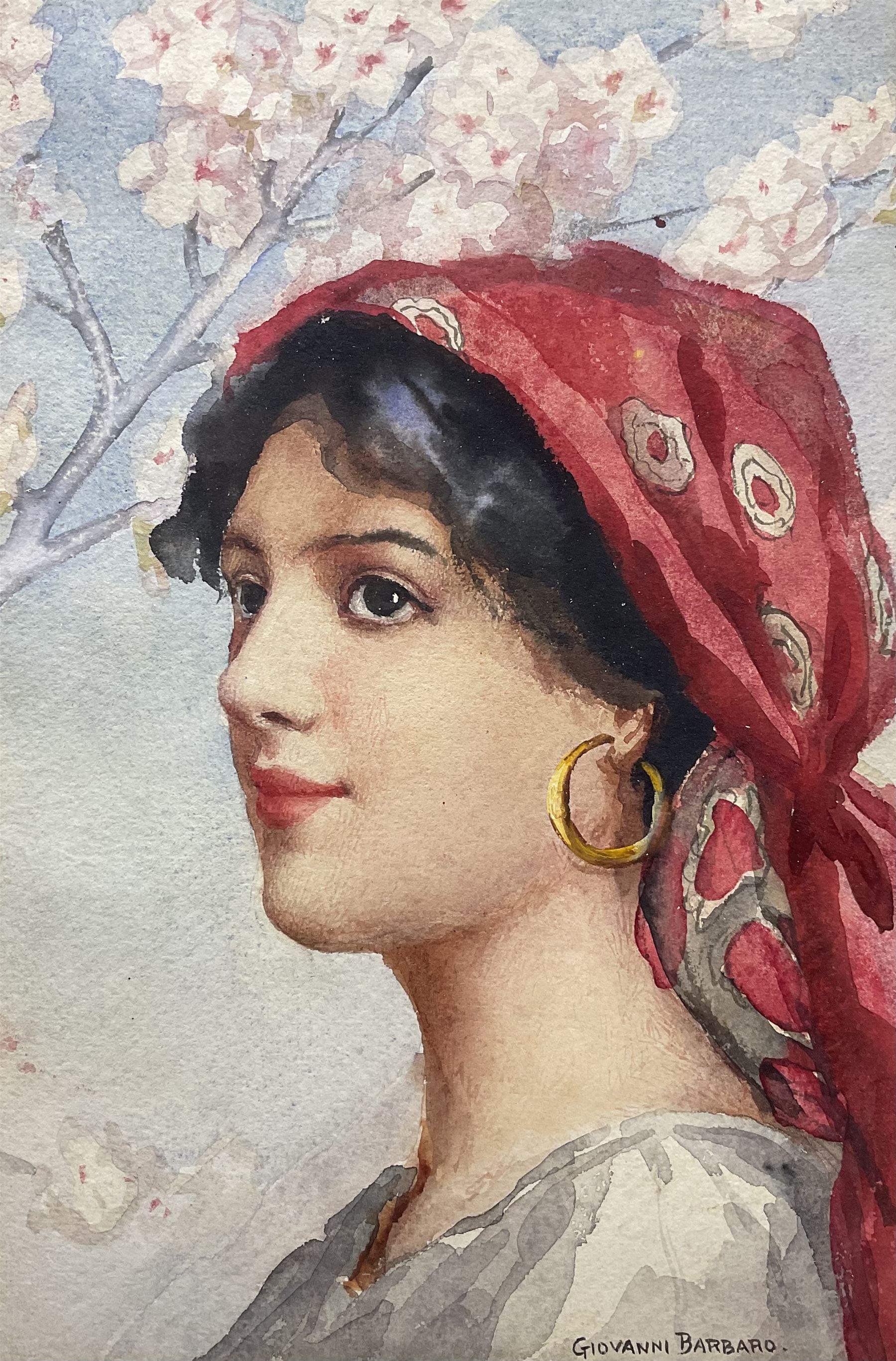 Arthur Dudley aka Giovanni Barbaro (British 1864-1915): Portrait of a Gypsy Girl, watercolour signed 26cm x 18cm 