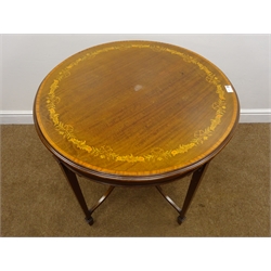  Edwardian satin wood banded mahogany circular occasional table, inlaid with swags, flowers and ribbons, four square tapering supports joined by x-stretcher, on spade feet, D75cm, H72cm  