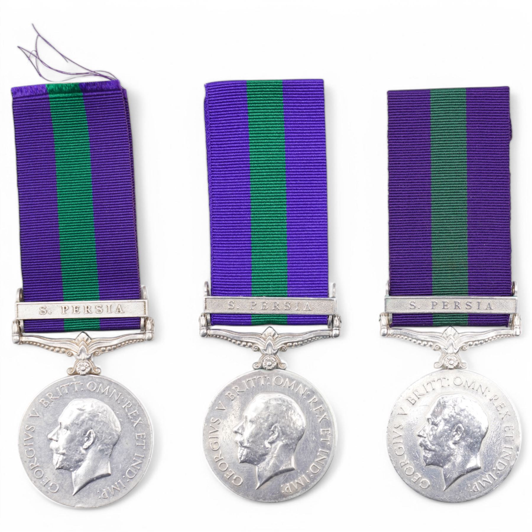  George V General Service Medal with S.Persia clasp to 7323 Saper Naranjan Singh Bengal S & M, another to 4442 Sepoy Mohd Ghulam 1-55 Cokes Rifles and another to Jemdr Warriam Singh (3)