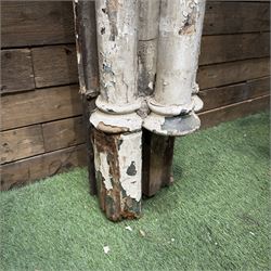 Large 19th century painted pine club shaped column, carved capitals with a cluster of three circular supports, flat back